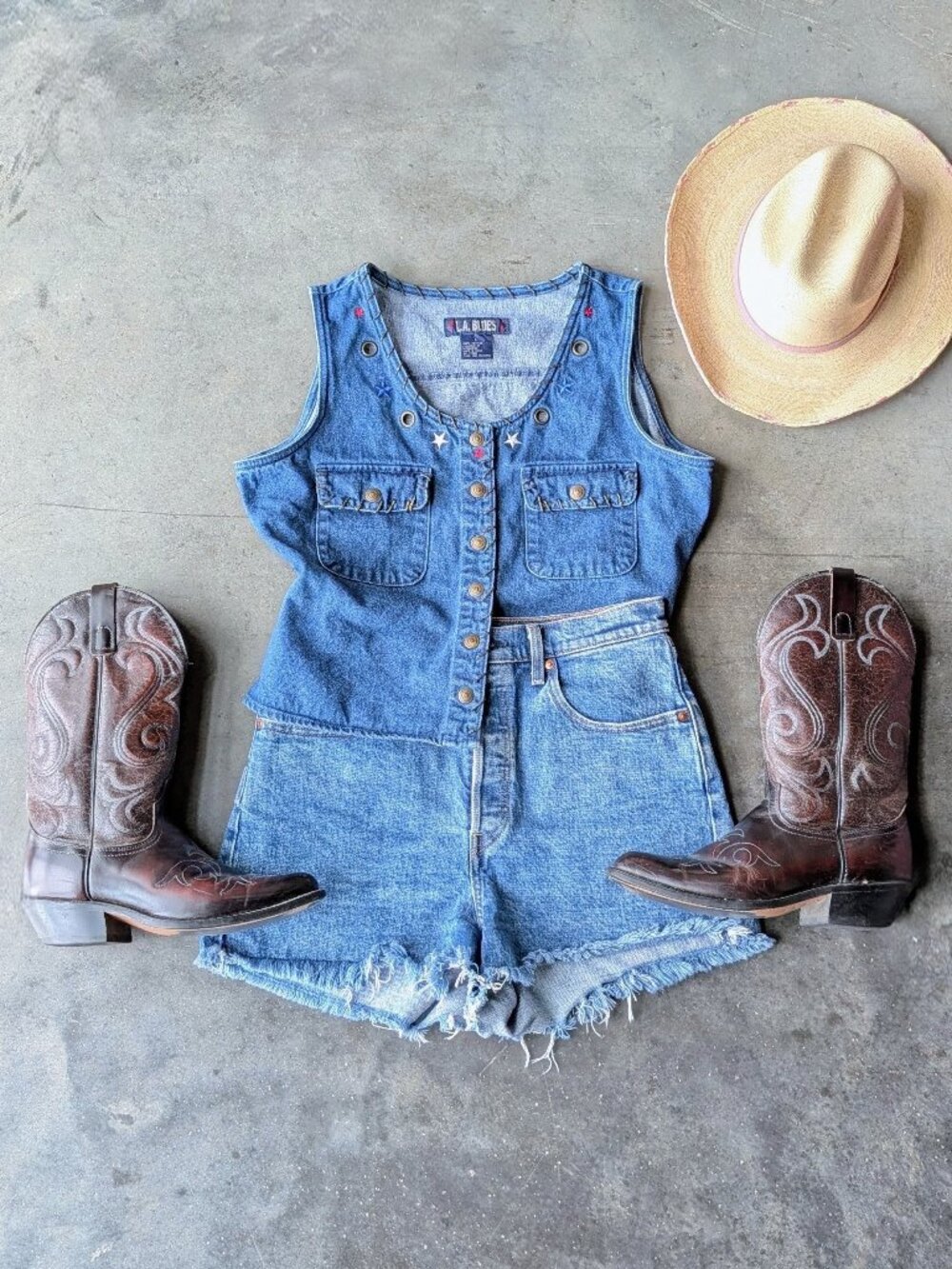 Vintage 90s Coastal Cowgirl LA Blues Star Cropped Denim Vest large